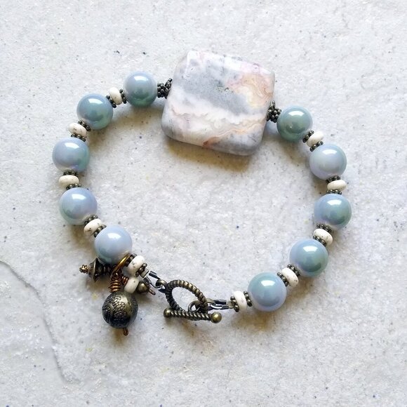 Crazy Lace Agate! Bracelet & Earring Set ~ Smokey Blue/Grey, Cream & Tangerine - Picture 4 of 11